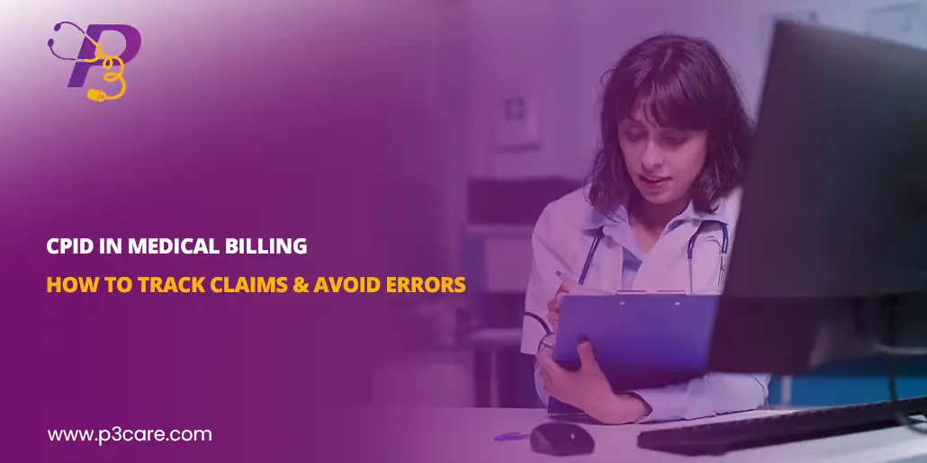 A purple-themed cover image for P3Care featuring a healthcare professional reviewing a clipboard, titled "CPID IN MEDICAL BILLING: HOW TO TRACK CLAIMS & AVOID ERRORS.