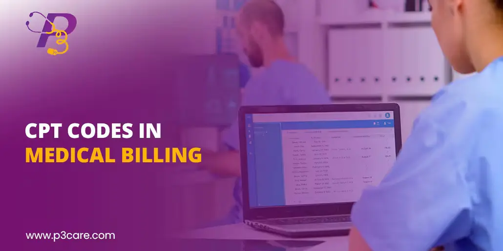 A medical professional works on a laptop displaying a patient schedule under the heading "CPT CODES IN MEDICAL BILLING.