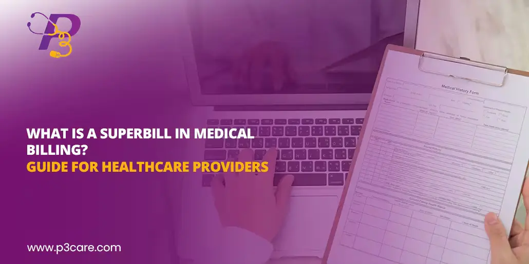 An educational graphic with a purple gradient overlay showing a person's hands typing on a laptop next to a medical history form on a clipboard, featuring the text "WHAT IS A SUPERBILL IN MEDICAL BILLING? GUIDE FOR HEALTHCARE PROVIDERS"
