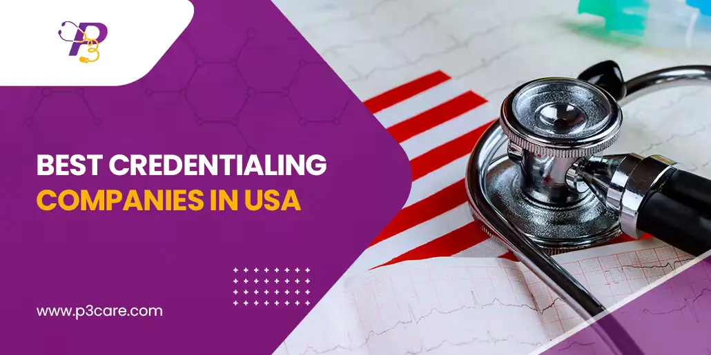 A medical credentialing promo featuring a stethoscope and charts. Text reads "BEST CREDENTIALING COMPANIES IN USA" with a purple and white logo.
