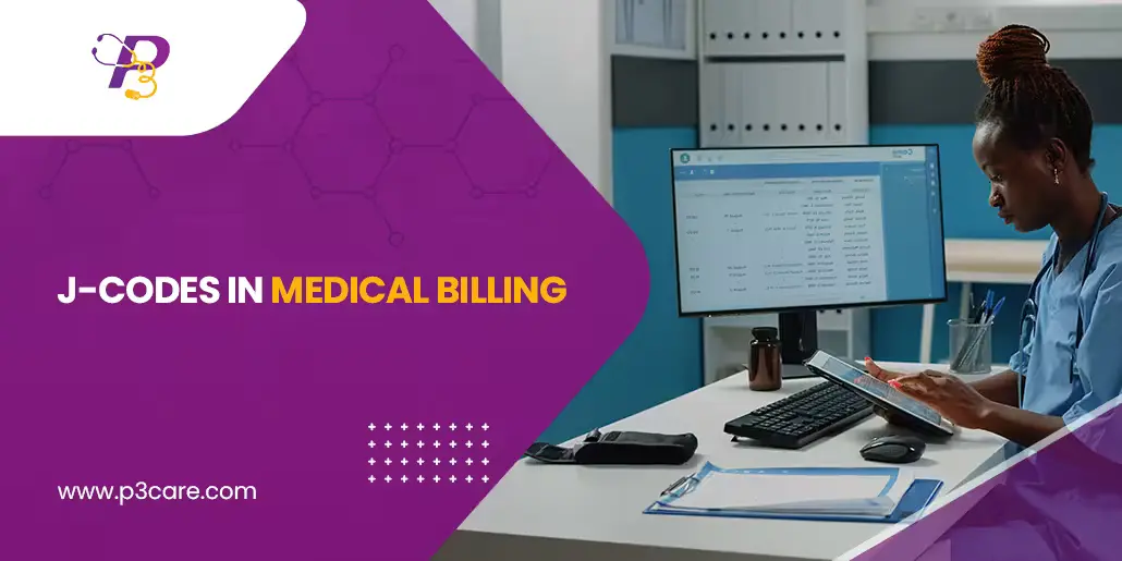 Medical professional in blue scrubs working at a desk with a computer and tablet. Text overlay reads "J-CODES IN MEDICAL BILLING" on a purple background.