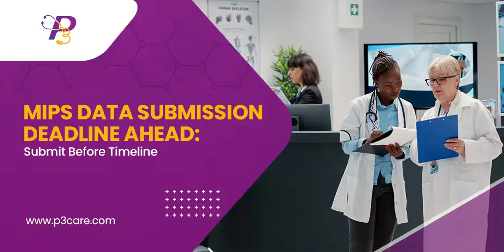 A professional marketing banner for P3Care featuring a purple and white color scheme. The text "MIPS DATA SUBMISSION DEADLINE AHEAD: Submit Before Timeline"