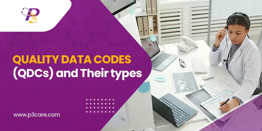 Medical professional working at a desk with the text "QUALITY DATA CODES (QDCs) and Their types" and the P3Care logo.