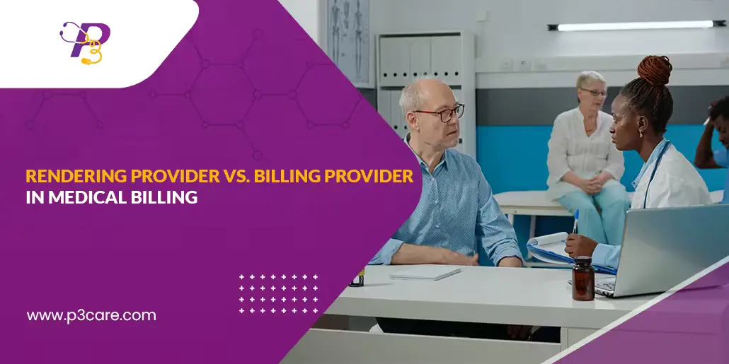 Healthcare blog cover image showing a doctor and patient in a clinic, titled "Rendering Provider vs. Billing Provider in Medical Billing.