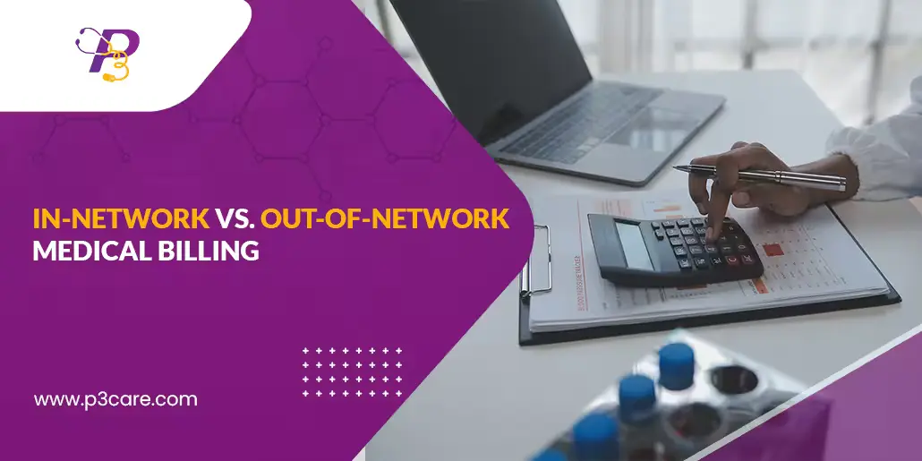 Blog cover image titled "In-Network vs. Out-of-Network Medical Billing" featuring a person using a calculator with medical equipment in the foreground.