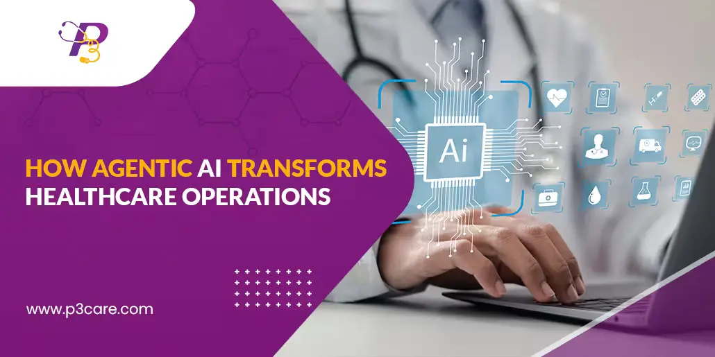 P3Care blog cover showing a doctor using a laptop with an AI chip graphic and the title "How Agentic AI Transforms Healthcare Operations.