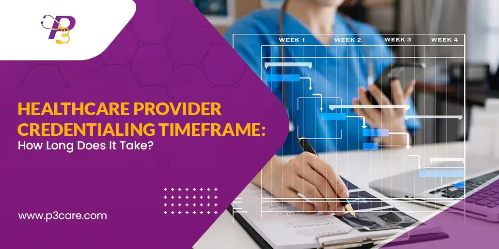 Healthcare Provider Credentialing Timeframe blog cover featuring a medical professional, a 4-week project timeline overlay, and P3 Care logo.
