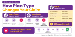 How HMO, POS, PPO, EPO and HDHP plans affect claim filing, including the Box 23 referral number, network status, preventive CPT, ICD-10 and Medicare codes, and a claim workflow from coding and scrubbing to payment.
