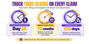 Infographic illustrating the three crucial medical billing timeframes to track on every claim: the Payer Payment Clock (Day 14), Timely-Filing Clock (12 months), and Appeal Clock (120 days).