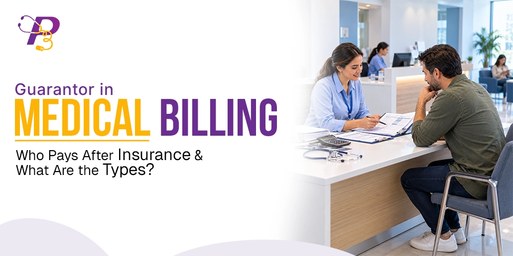 A parent guarantor signs a financial responsibility form while a child patient holds an insurance card.
